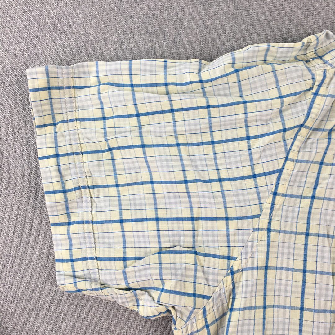 Monte Carlo Mens Shirt Size S Grey Yellow Blue Button-Up Checkered Short Sleeve