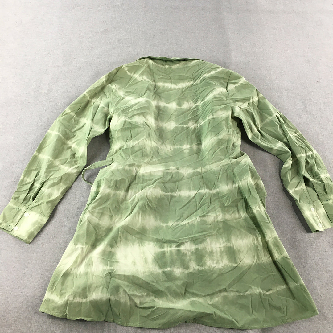 Dazie Womens Mini Dress Size 6 Green Belted Tie-Up Collared Long Sleeve