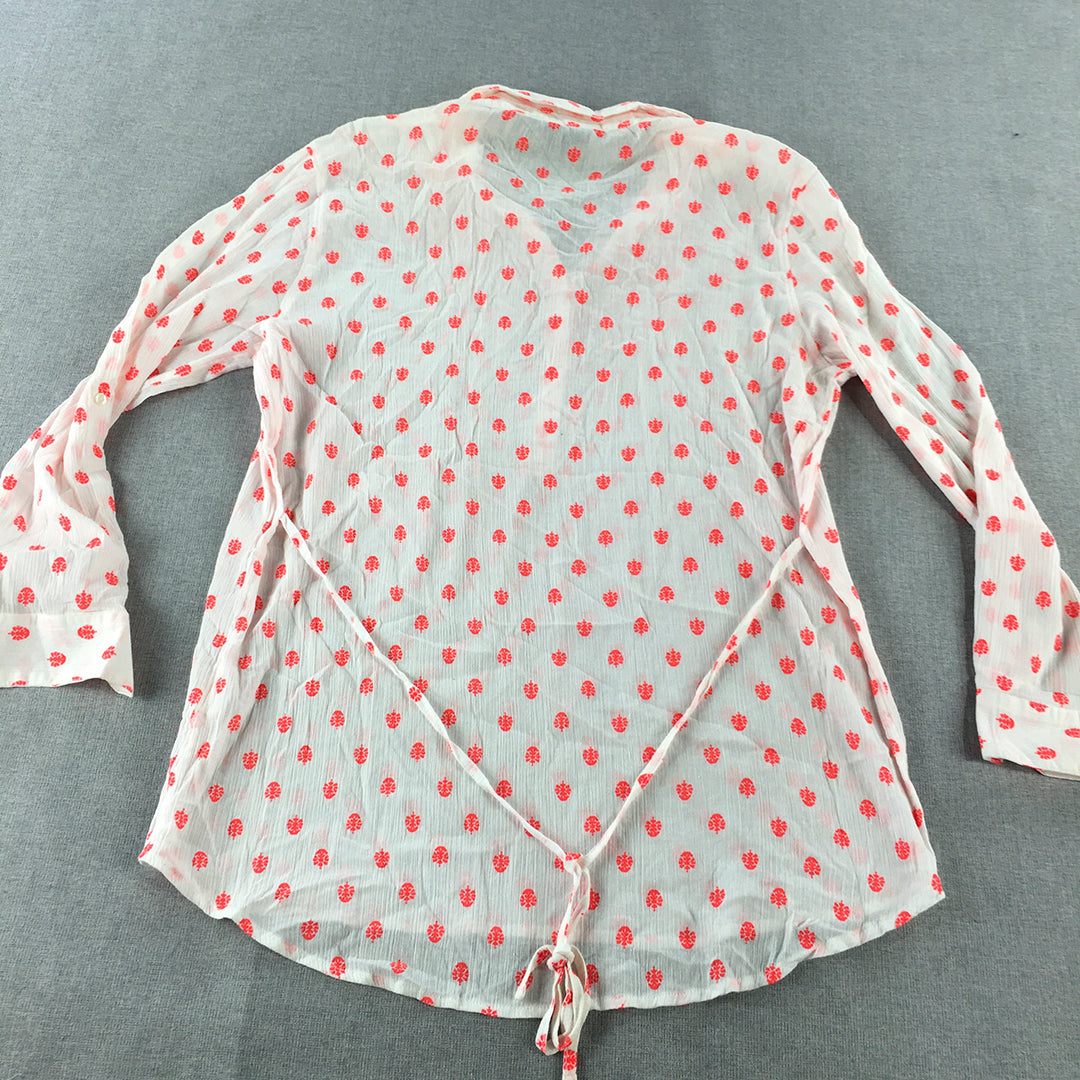 Fig Womens Top Size M White Red Long Sleeve Shirt Blouse