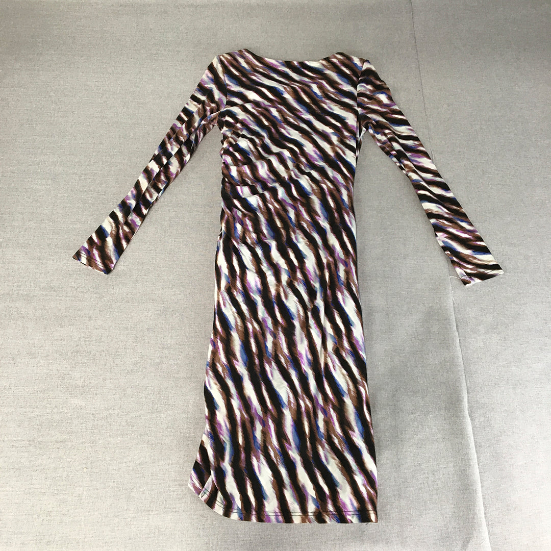 Forcast Womens Bodycon Dress Size 4 Purple White Black Striped Midi Long Sleeve