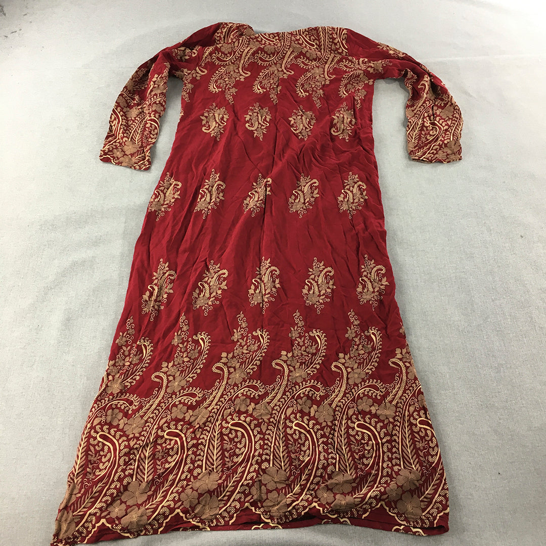 Mao Da Long Womens Maxi Dress Size L Red Brown Floral A-Line Long Sleeve