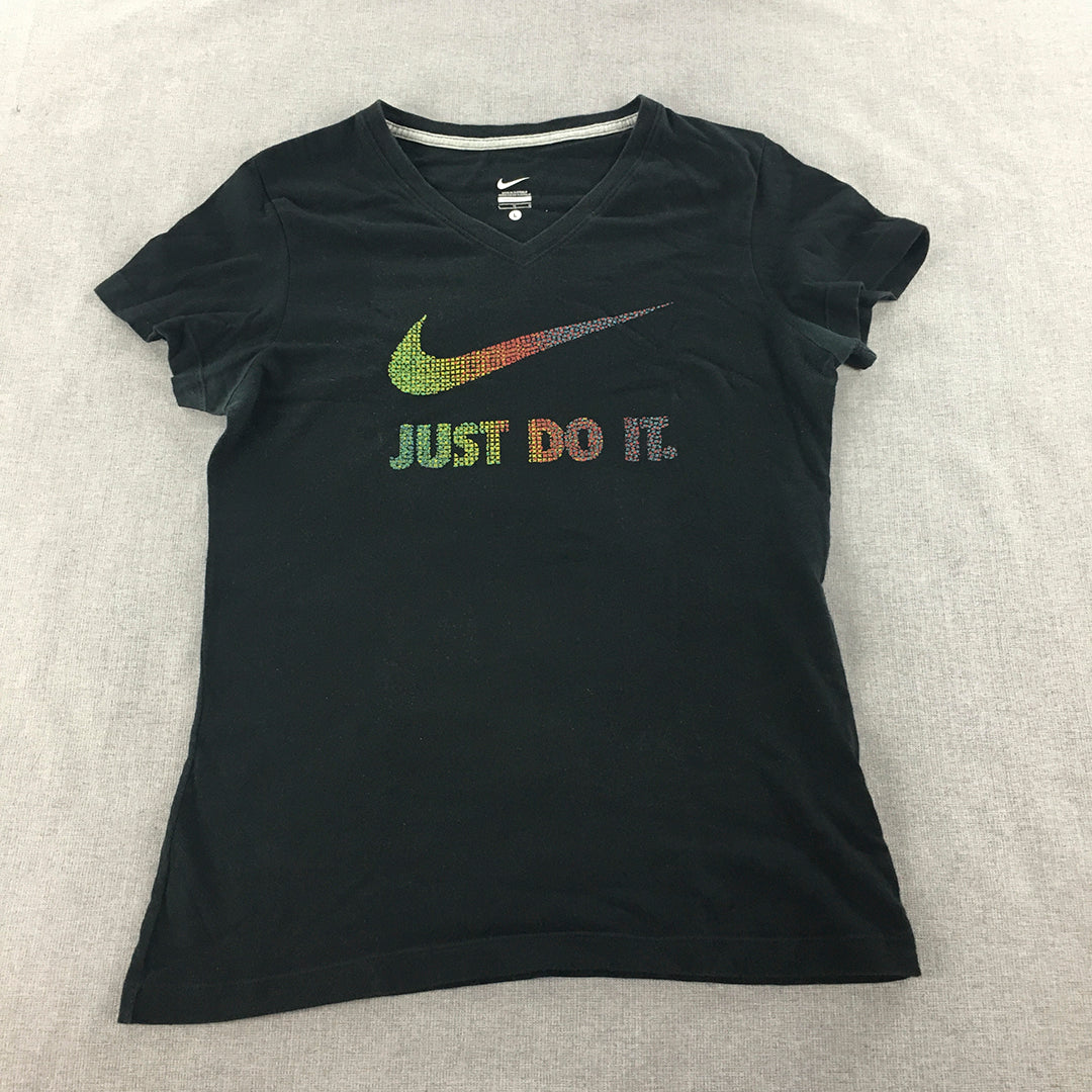 Nike Womens T-Shirt Size L Black Big Just Do It Logo Short Sleeve Top