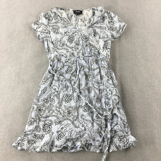 Bardot Junior Kids Girls Dress Size 10 Blue Floral Short Sleeve Fit Flare Tie-Up