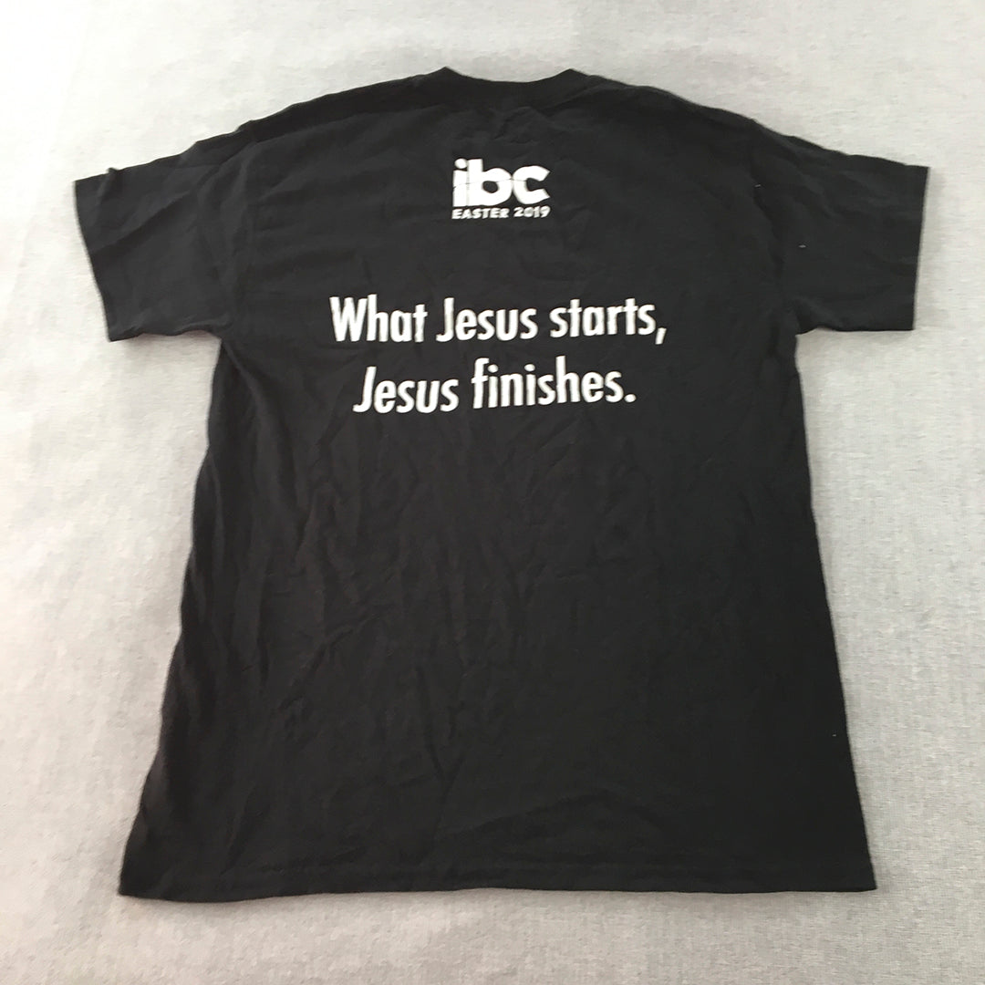 What Jesus Starts, Jesus Finishes T-Shirt Adult Size M Black Christian Tee