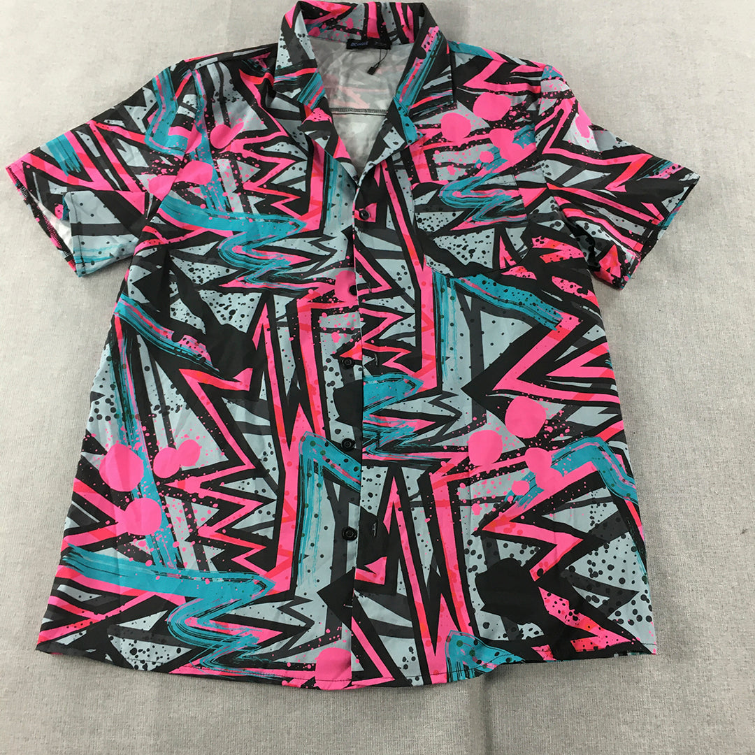 Romwe Mens Shirt Size M Pink Blue Funky Loud Party Short Sleeve Button-Up