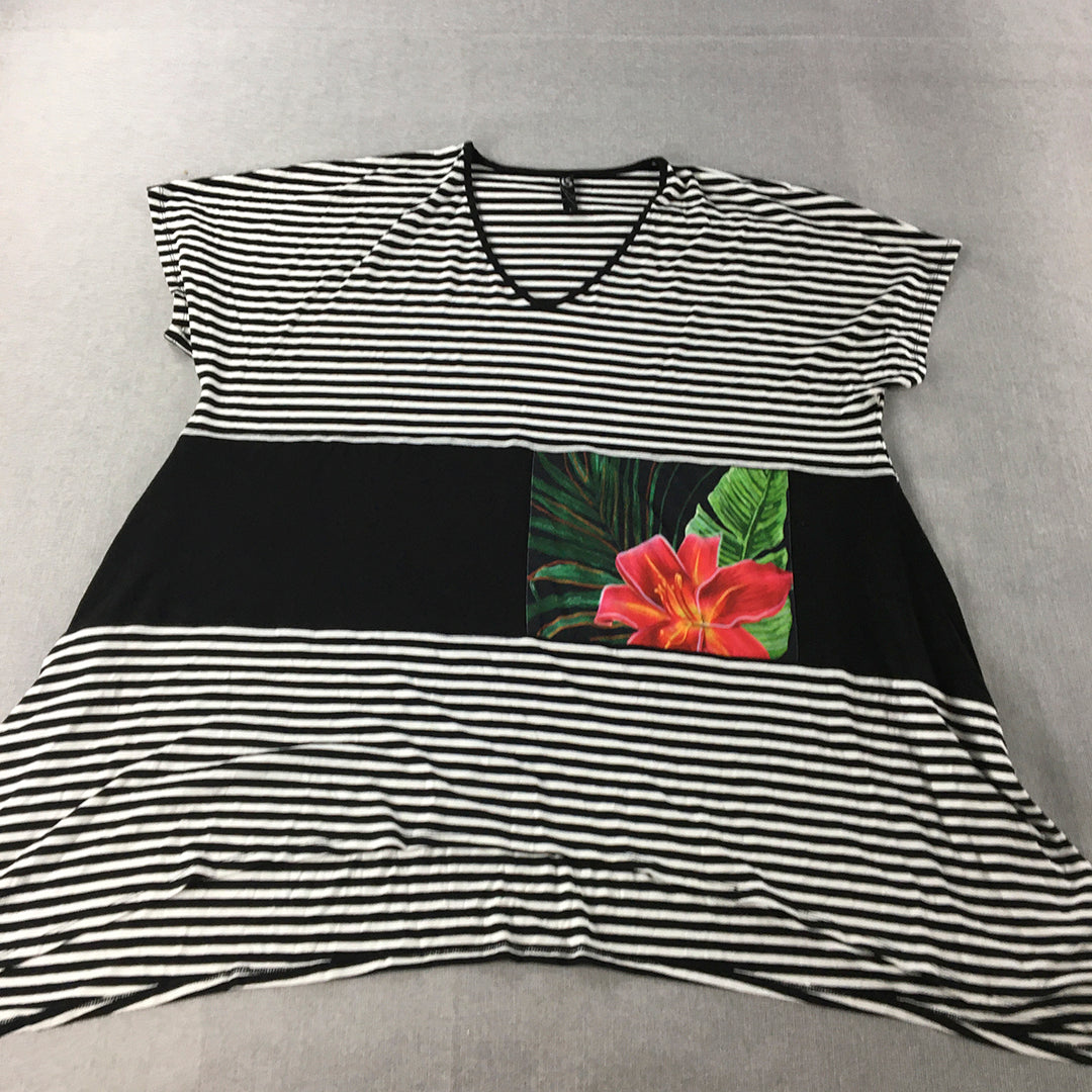 Taking Shape Womens Top Size L Black White Striped Floral V-Neck Short Sleeve TS