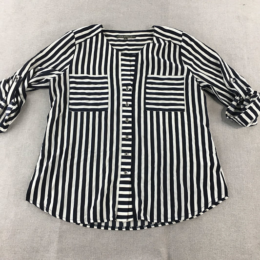 Liz Jordan Womens Top Size 12 White Blue Striped Long Sleeve Blouse