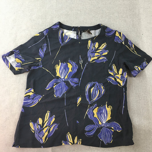 David Lawrence Womens Shirt Size 10 Navy Blue Purple Floral Short Sleeve Top