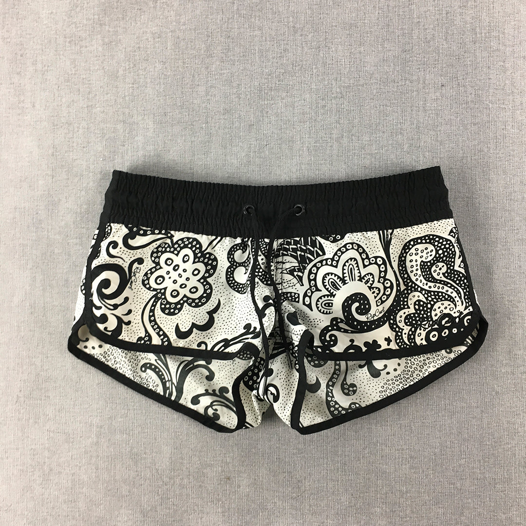 Rip Curl Womens Board Shorts Size 6 Black White Floral Drawstring Surf Swim