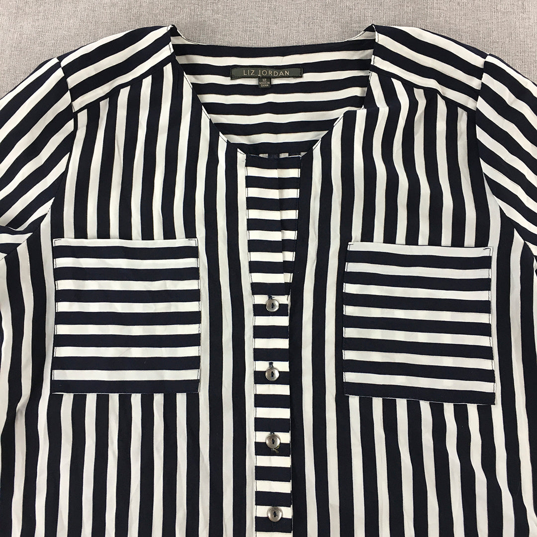 Liz Jordan Womens Top Size 12 White Blue Striped Long Sleeve Blouse