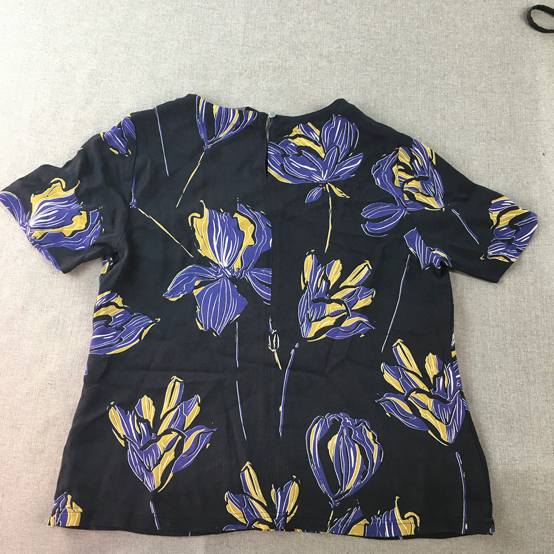 David Lawrence Womens Shirt Size 10 Navy Blue Purple Floral Short Sleeve Top