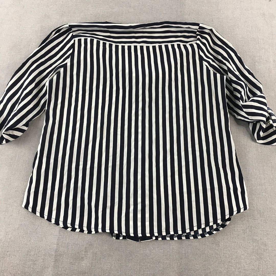 Liz Jordan Womens Top Size 12 White Blue Striped Long Sleeve Blouse