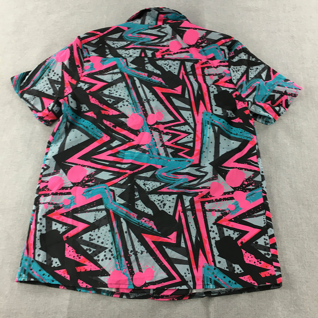 Romwe Mens Shirt Size M Pink Blue Funky Loud Party Short Sleeve Button-Up