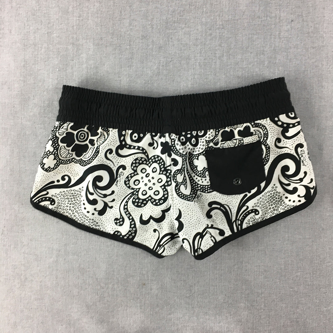 Rip Curl Womens Board Shorts Size 6 Black White Floral Drawstring Surf Swim