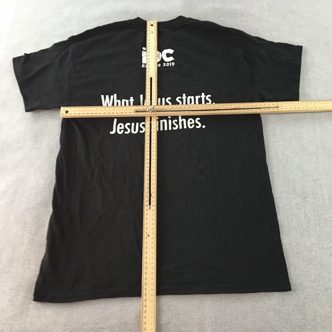 What Jesus Starts, Jesus Finishes T-Shirt Adult Size M Black Christian Tee