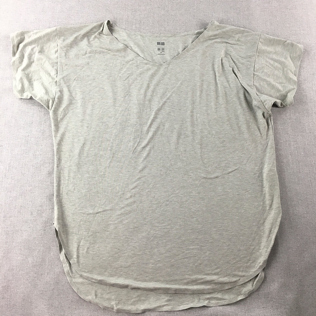 Uniqlo AIRism Womens T-Shirt Size M Grey V-Neck Short Sleeve Top