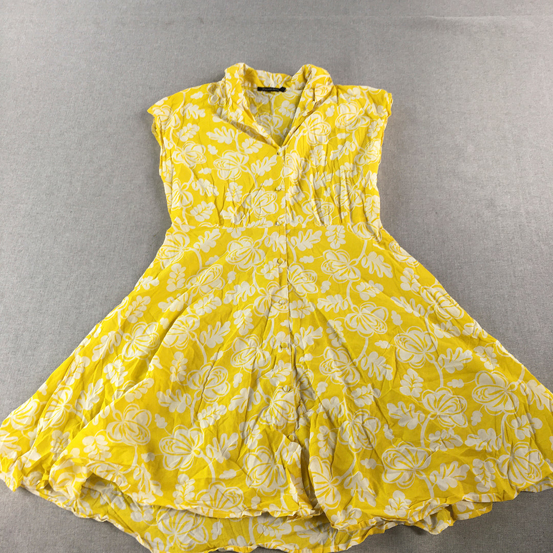 Monoprix Femme Womens Shirt Dress Size 36 (Small) Yellow Floral Fit Flare Midi