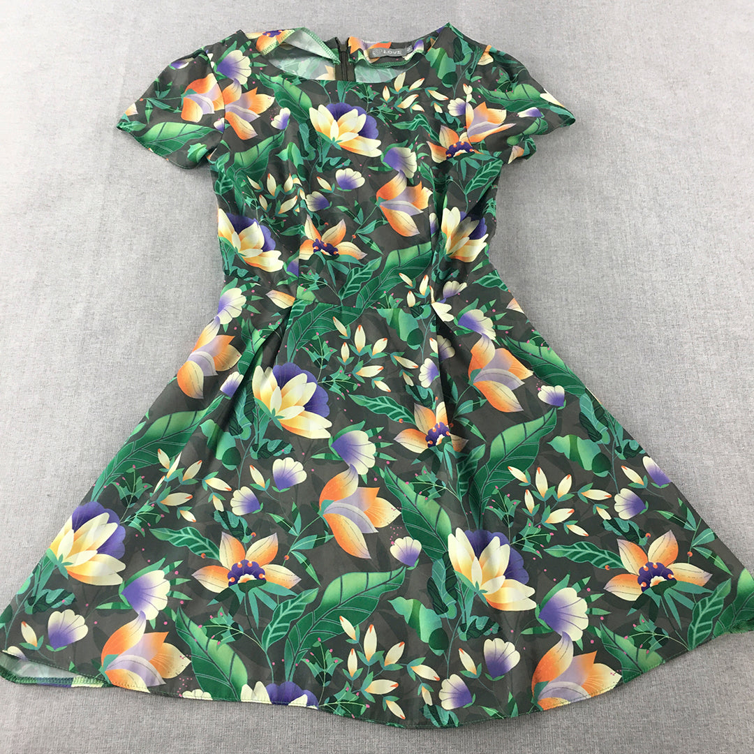 Love Womens Mini Dress Size S Green Black Floral Fit & Flare