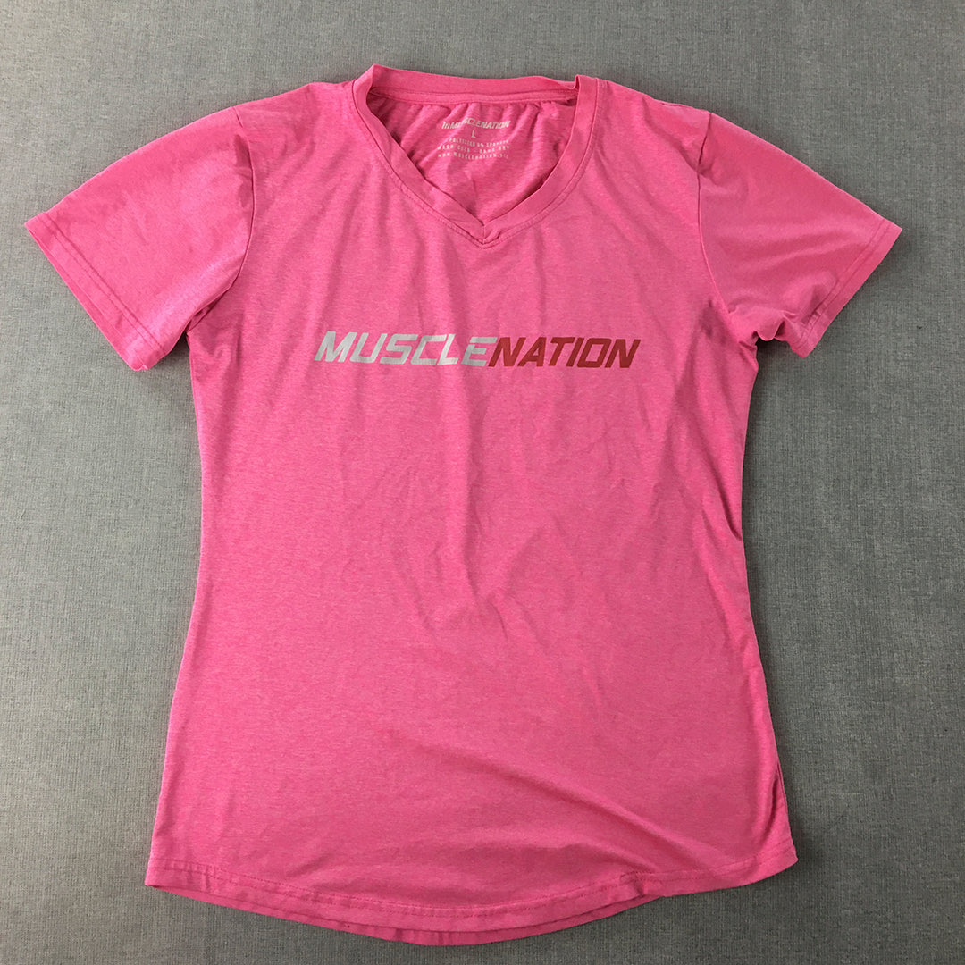 Muscle Nation Womens T-Shirt Size L Pink Logo V-Neck Short Sleeve Top