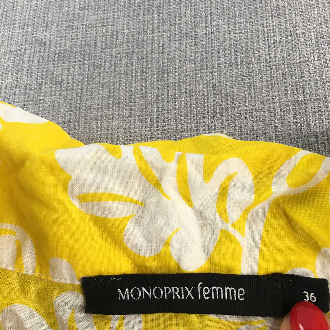 Monoprix Femme Womens Shirt Dress Size 36 (Small) Yellow Floral Fit Flare Midi