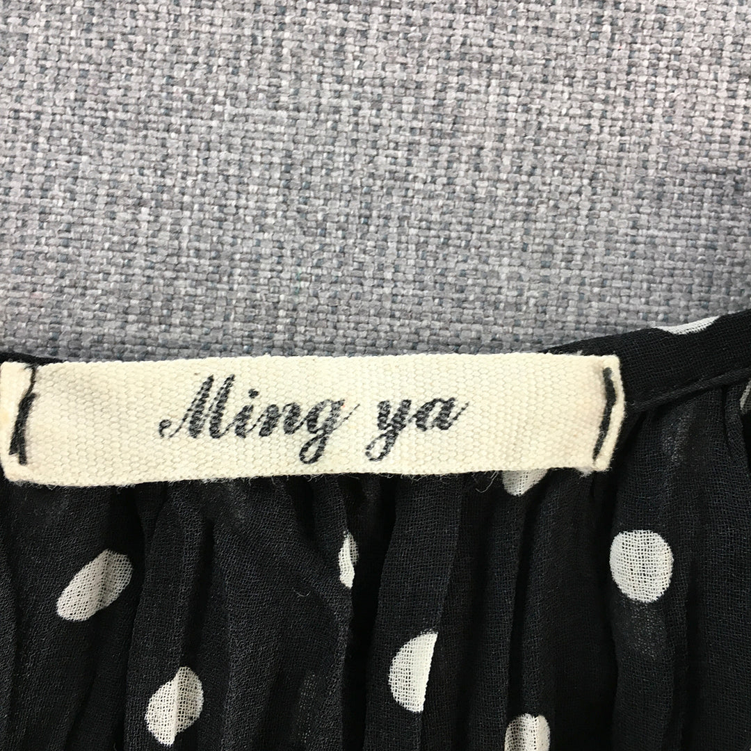 Ming Ya Womens Mini Dress Size L Black Pleated Polka Dot Sleeveless