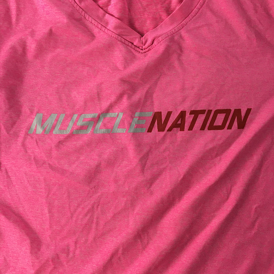 Muscle Nation Womens T-Shirt Size L Pink Logo V-Neck Short Sleeve Top