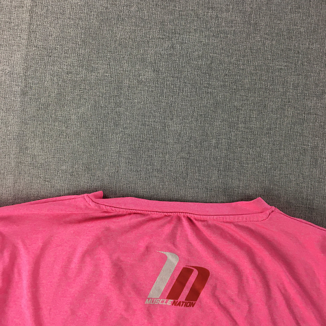 Muscle Nation Womens T-Shirt Size L Pink Logo V-Neck Short Sleeve Top