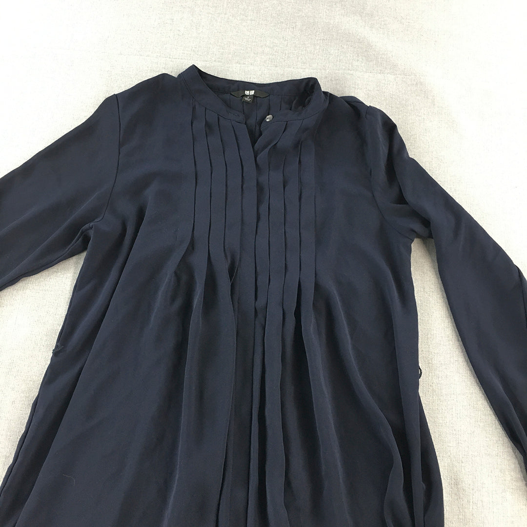 Uniqlo Womens A-Line Dress Size S Navy Blue Pleated Long Sleeve