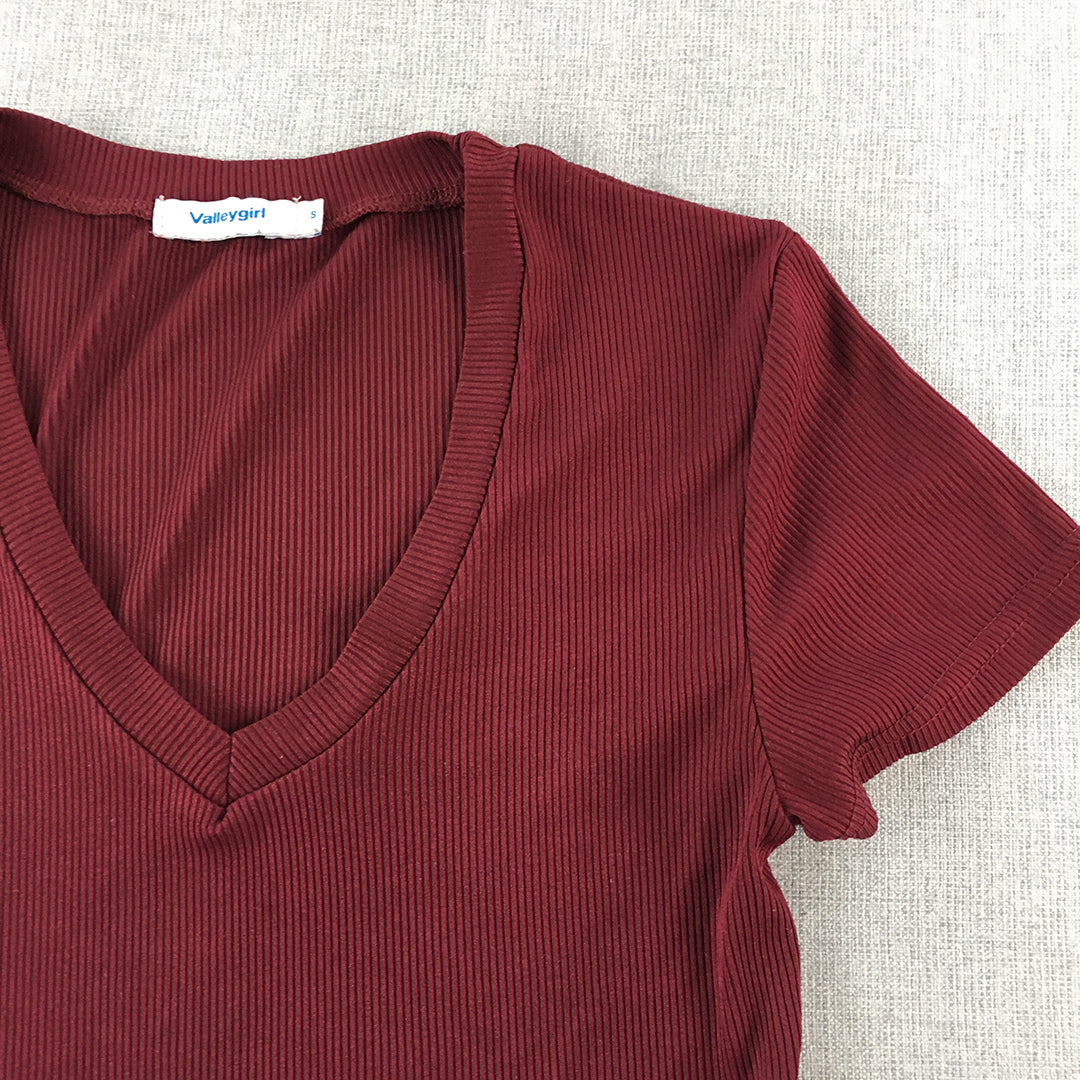 Valleygirl Womens Knit Top Size S Red Stretch Fabric V-Neck Shirt Blouse