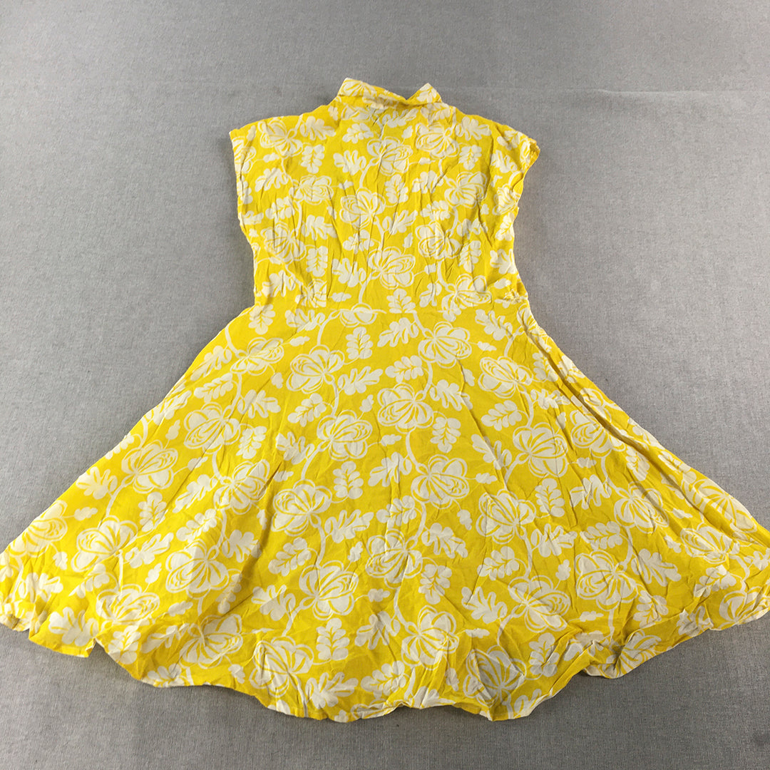 Monoprix Femme Womens Shirt Dress Size 36 (Small) Yellow Floral Fit Flare Midi