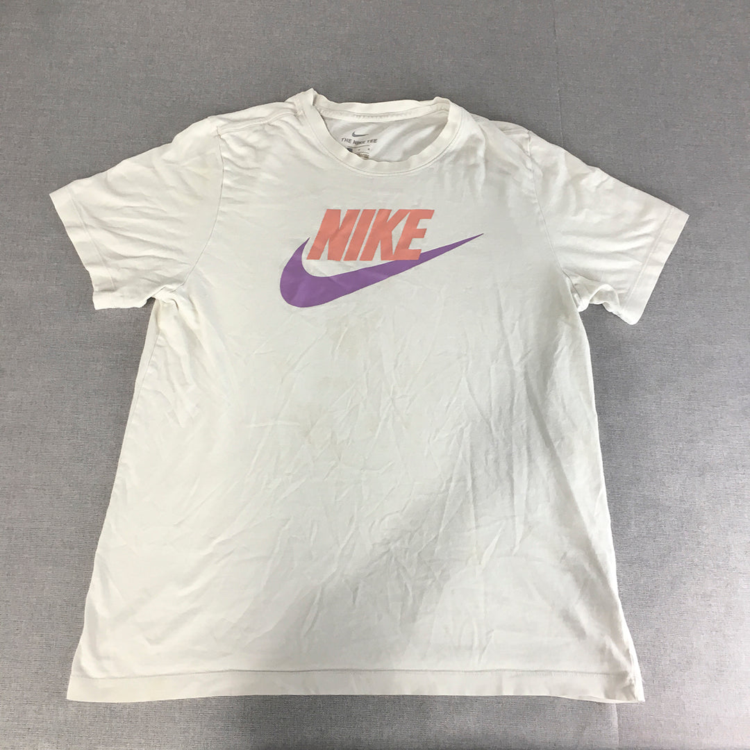 Nike Womens T-Shirt Size L White Purple Pink Swoosh Logo Crew Neck Tee