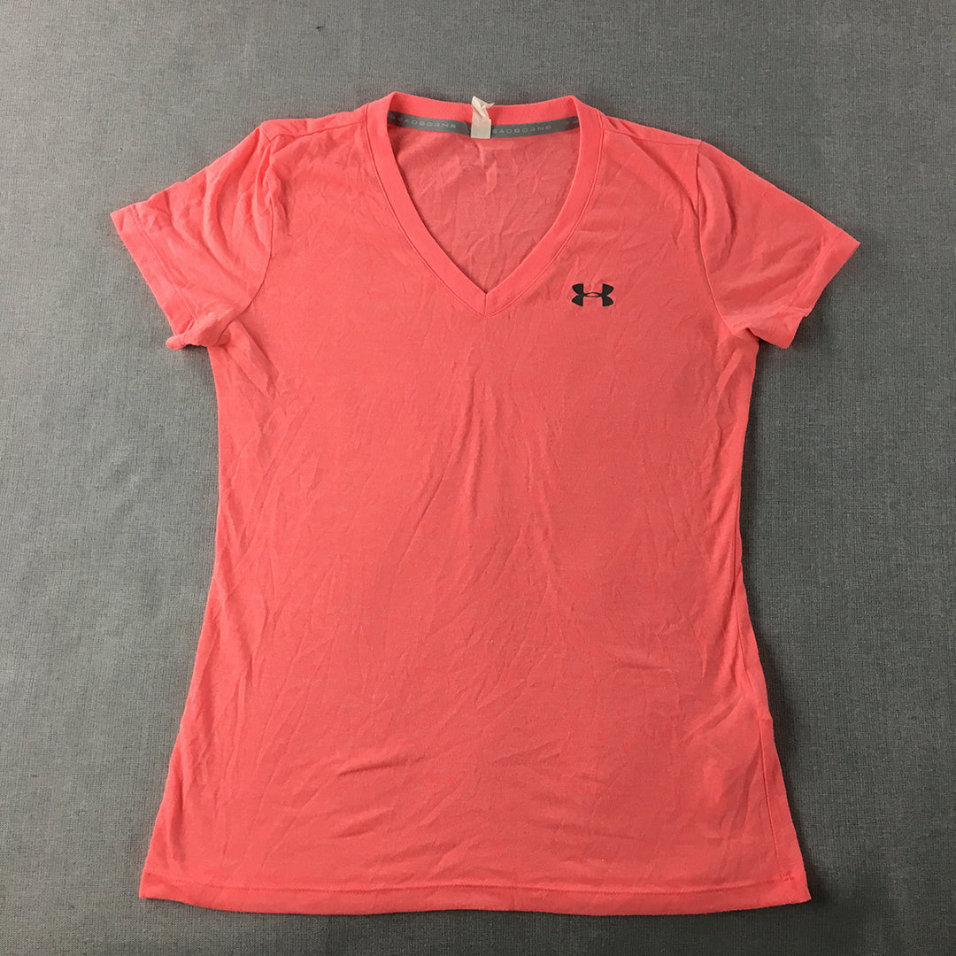 Under Armour Womens T-Shirt Size S Pink Logo V-Neck Activewear Running Top