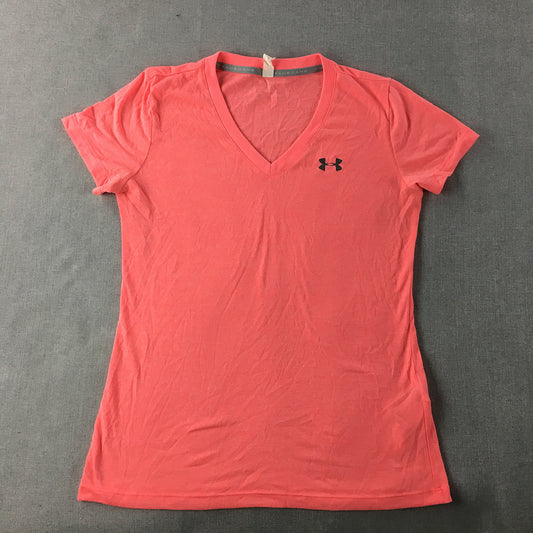 Under Armour Womens T-Shirt Size S Pink Logo V-Neck Activewear Running Top