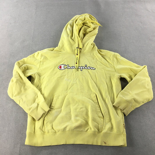 Champion Mens Hoodie Sweater Size M Yellow Logo Pockets Pullover Jumper