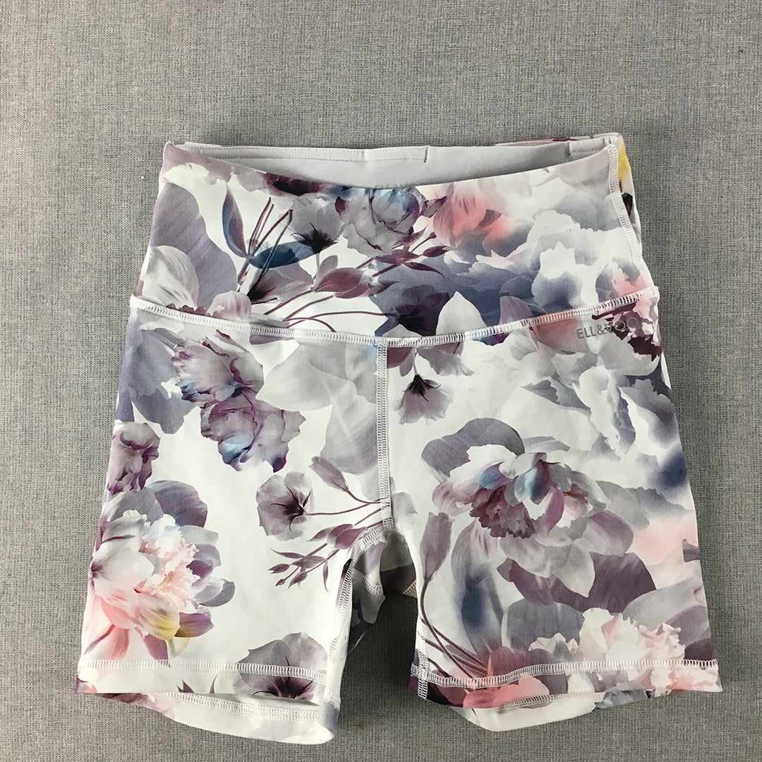 Ell & Voo Womens Legging Shorts Size XS White Purple Floral Activewear Workout