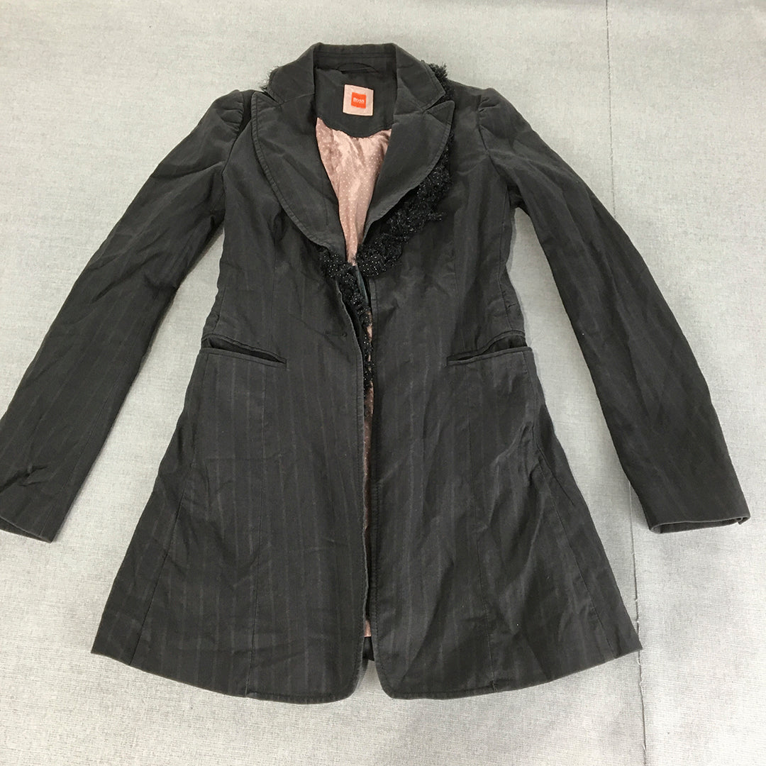 Hugo Boss Womens Pea Coat Size 4 Black Collared Pockets Striped Jacket