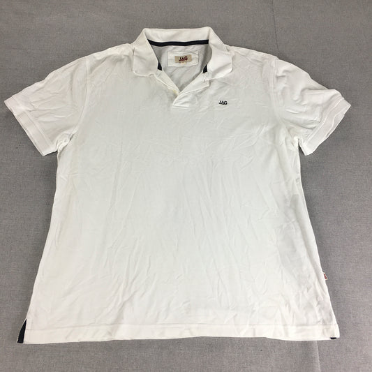 Jag Mens Polo Shirt Size XL White Logo Collared Rugby Short Sleeve