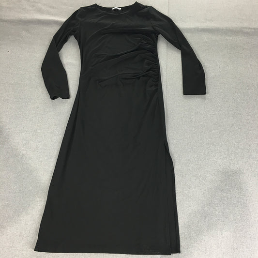 Valleygirl Womens Cocktail Dress Size L Black Ruched Midi Long Sleeve Stretch