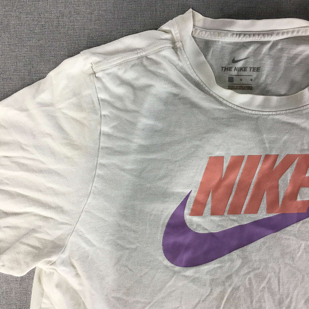 Nike Womens T-Shirt Size L White Purple Pink Swoosh Logo Crew Neck Tee