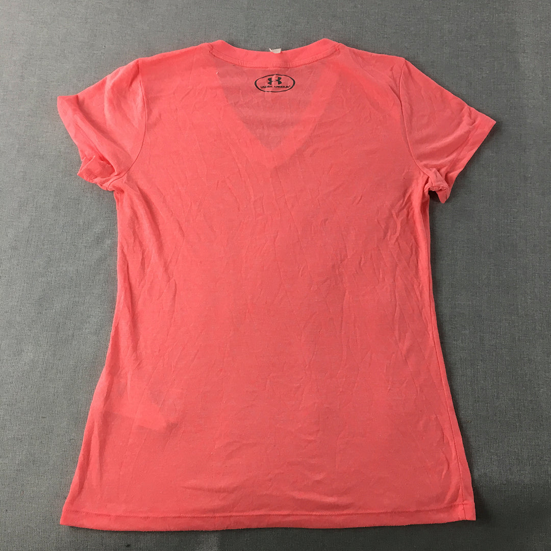 Under Armour Womens T-Shirt Size S Pink Logo V-Neck Activewear Running Top