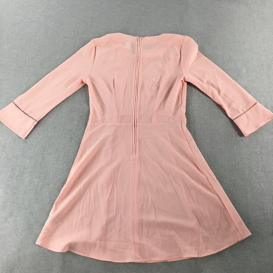 H&M Womens Mini Dress Size 6 Pink Pleated Long Sleeve Fit Flare