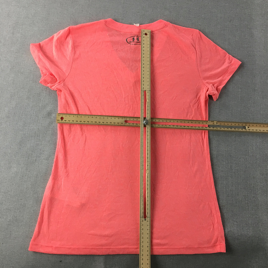 Under Armour Womens T-Shirt Size S Pink Logo V-Neck Activewear Running Top