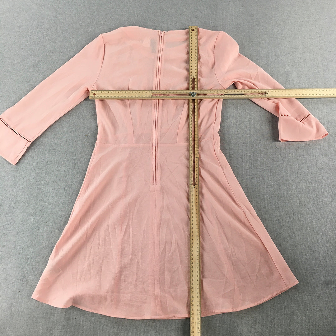 H&M Womens Mini Dress Size 6 Pink Pleated Long Sleeve Fit Flare