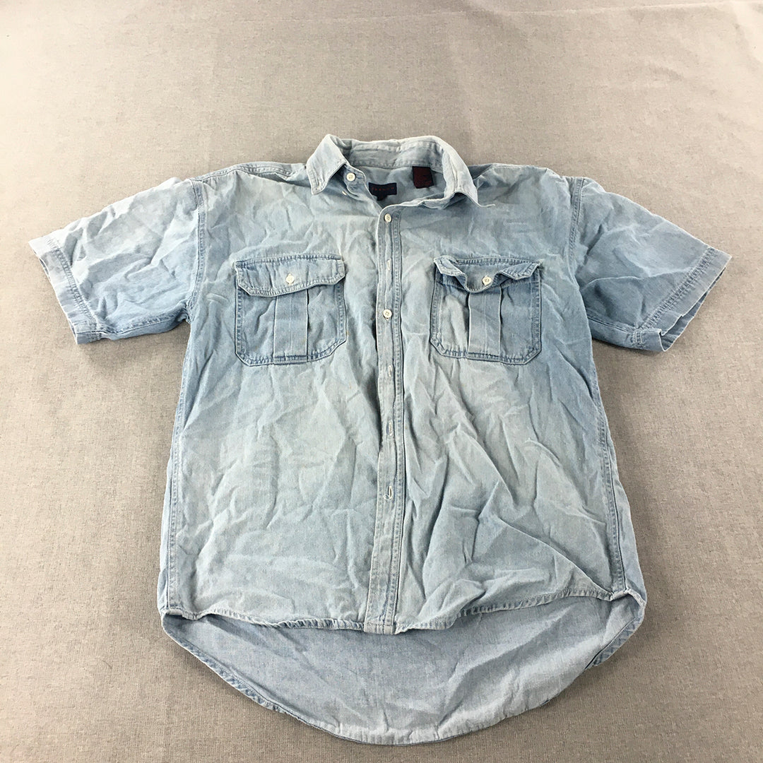 Trench Mens Linen Denim Shirt Size M Blue Button-Up Short Sleeve Collared