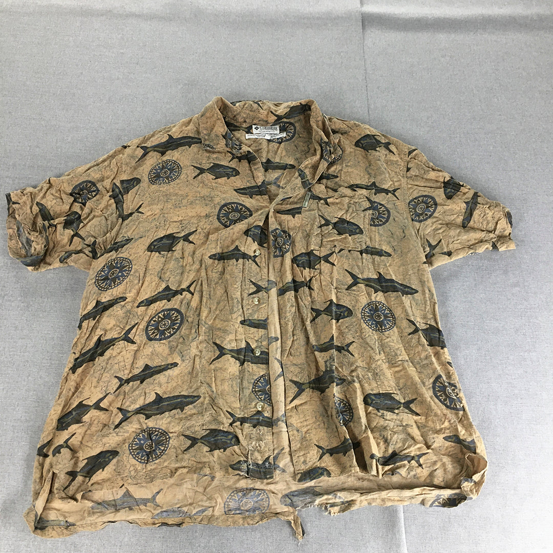 Columbia Mens Shirt Size XL Brown Fish Pattern Short Sleeve Button-Up Hawaiian