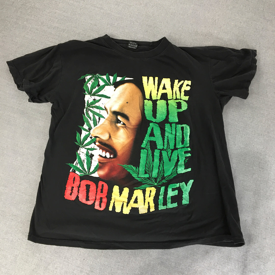 Vintage Bob Marley Mens T-Shirt Size L Black Wake Up And Live Tee