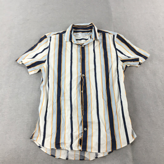 Zara Mens Shirt Size M White Blue Striped Slim Fit Button-Up Short Sleeve