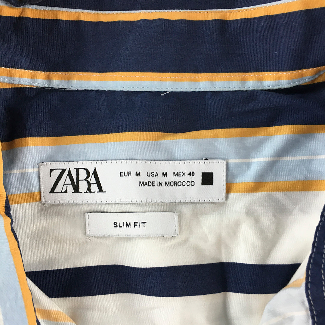 Zara Mens Shirt Size M White Blue Striped Slim Fit Button-Up Short Sleeve