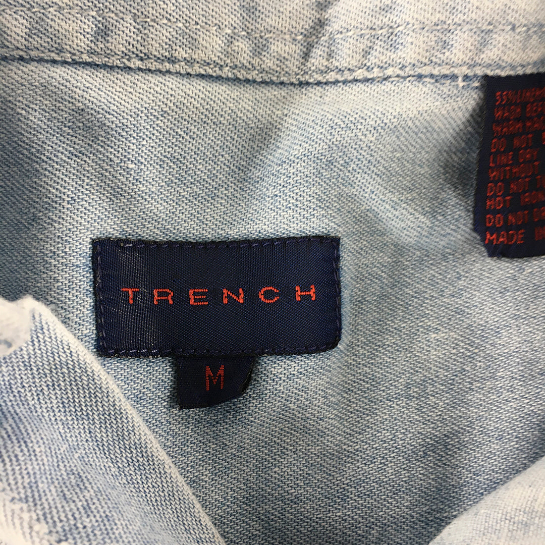 Trench Mens Linen Denim Shirt Size M Blue Button-Up Short Sleeve Collared