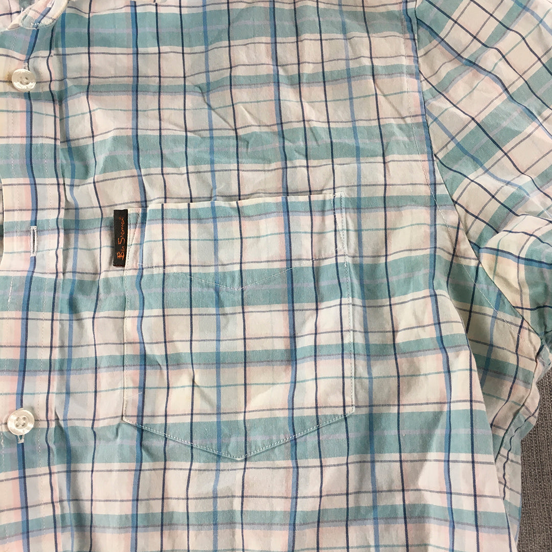 Ben Sherman Mens Shirt Size M Blue White Checkered Short Sleeve Button-Up